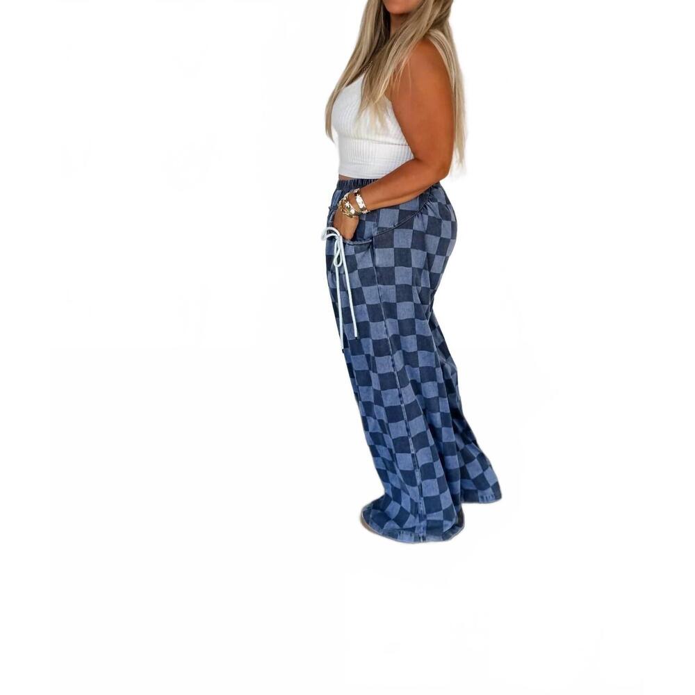 Checkered Blue Relaxed Drawstring Joggers - Picture 4 of 4